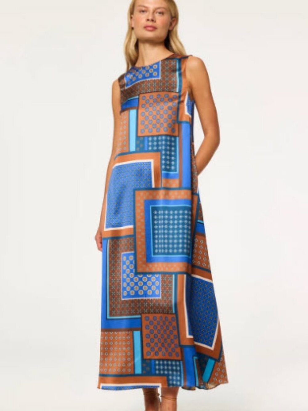 NWT Womens MISA Los Angeles Sylvie (Item-39) Brown Blue Tile Patch Satin Dress S